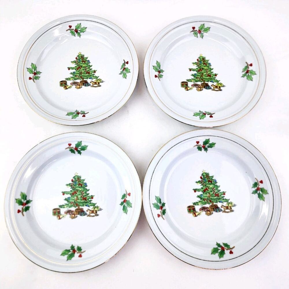 Holiday Hostess Salad/Dessert Porcelain Plates Christmas Tree Gold Trim Set Of 4